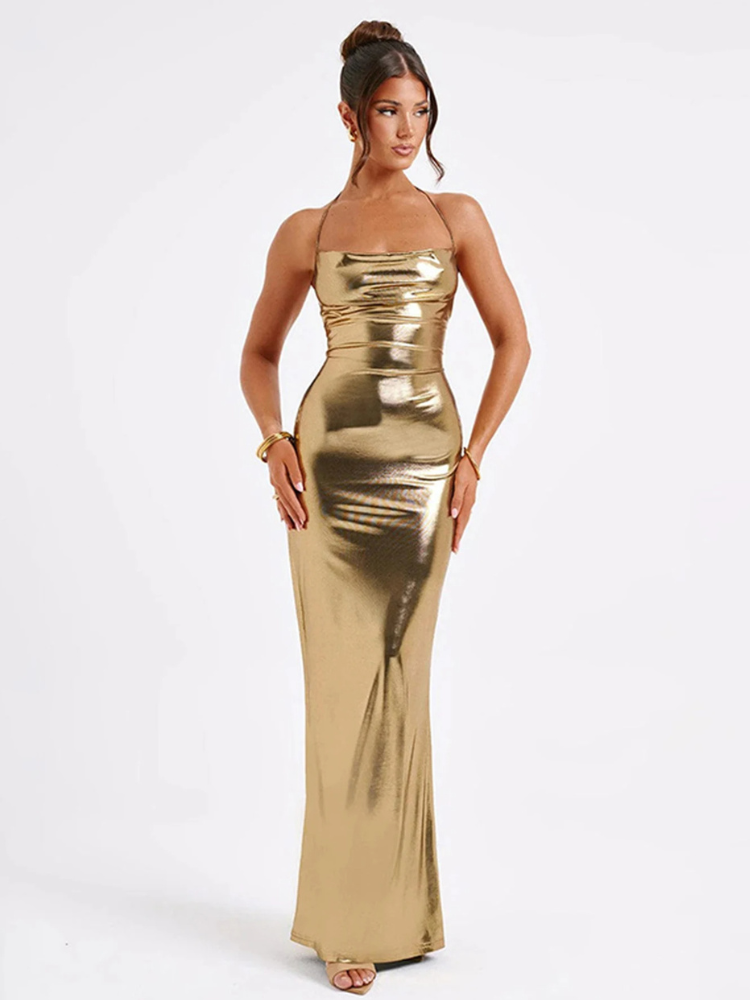Robe sirène dorée à bretelles