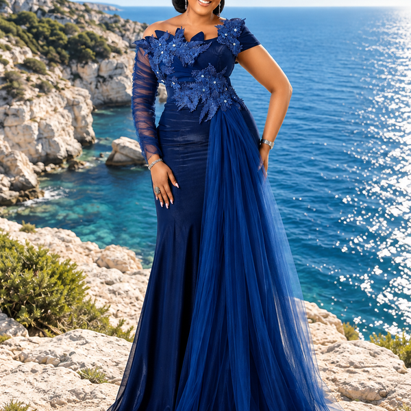 Robe de mariée sirène sans dentelle bleu avec traîne