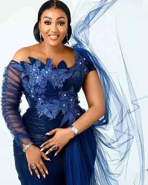 Robe de mariée sirène sans dentelle bleu avec traîne fleurie