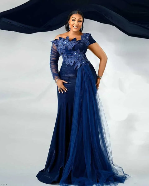 Robe de mariée sirène sans dentelle bleu avec traîne femme