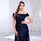 Robe sirène bleu pailleté brillante