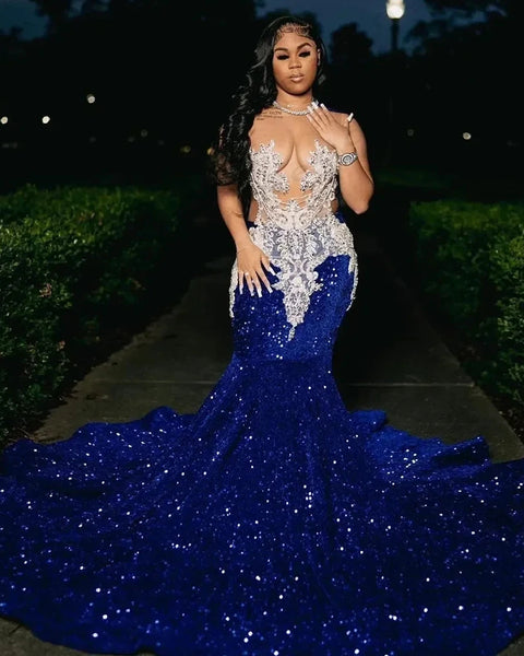 Robe sirène bleu roi paillette