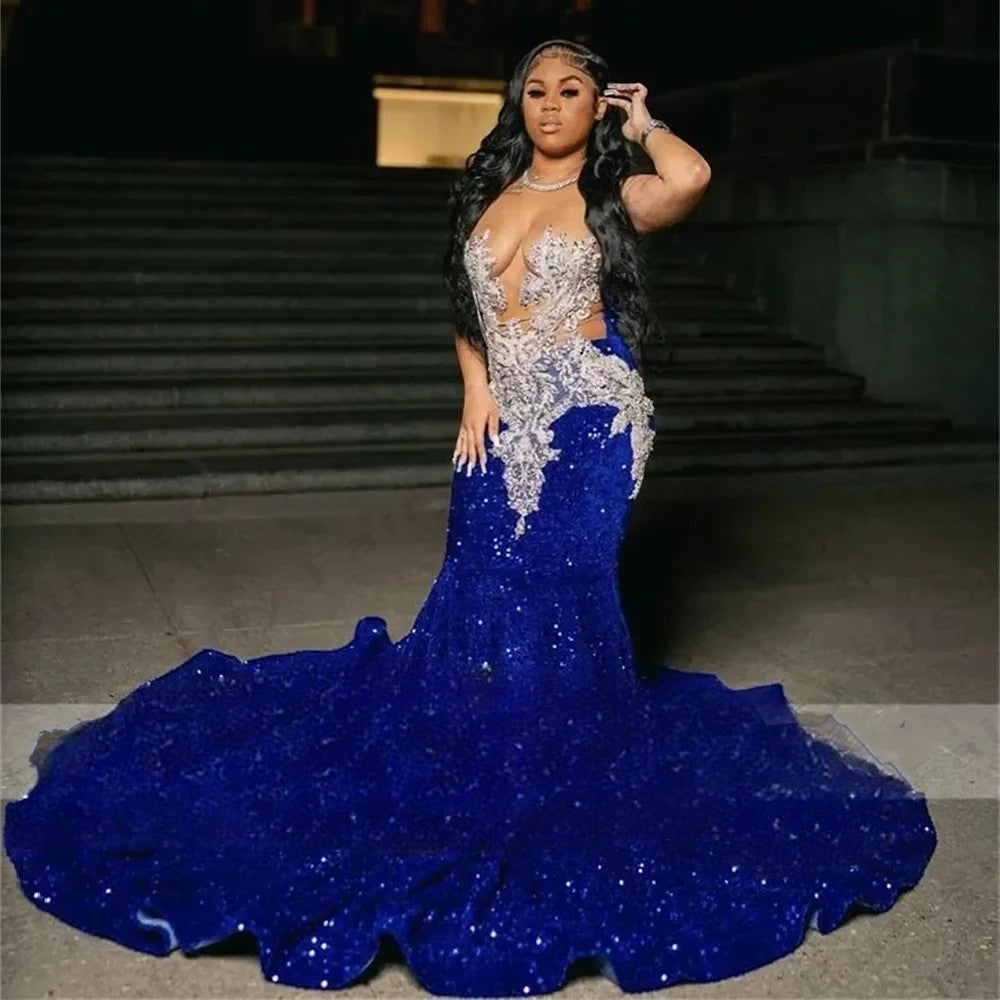 Robe sirène bleu roi paillette femme