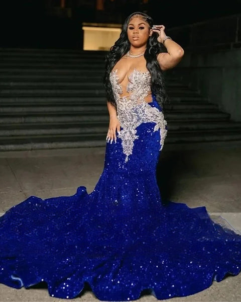 Robe sirène bleu roi paillette femme
