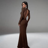 Robe sirène col montant à manches longues Marron / S